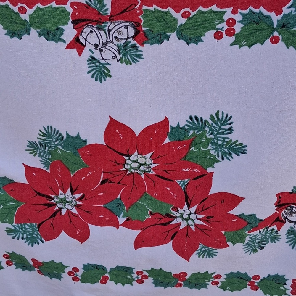 Vintage Mid Century Poinsettia Jingle Bell Cotton Tablecloth Retro Holiday 48x56 - Picture 7 of 9